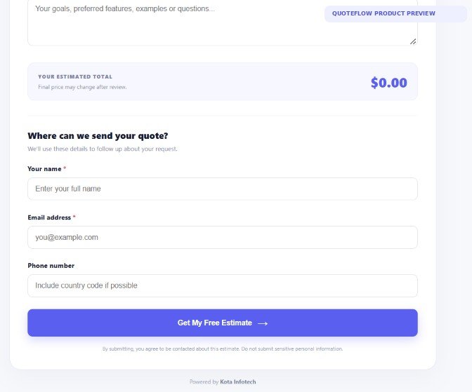 Quote calculator estimate and lead capture form