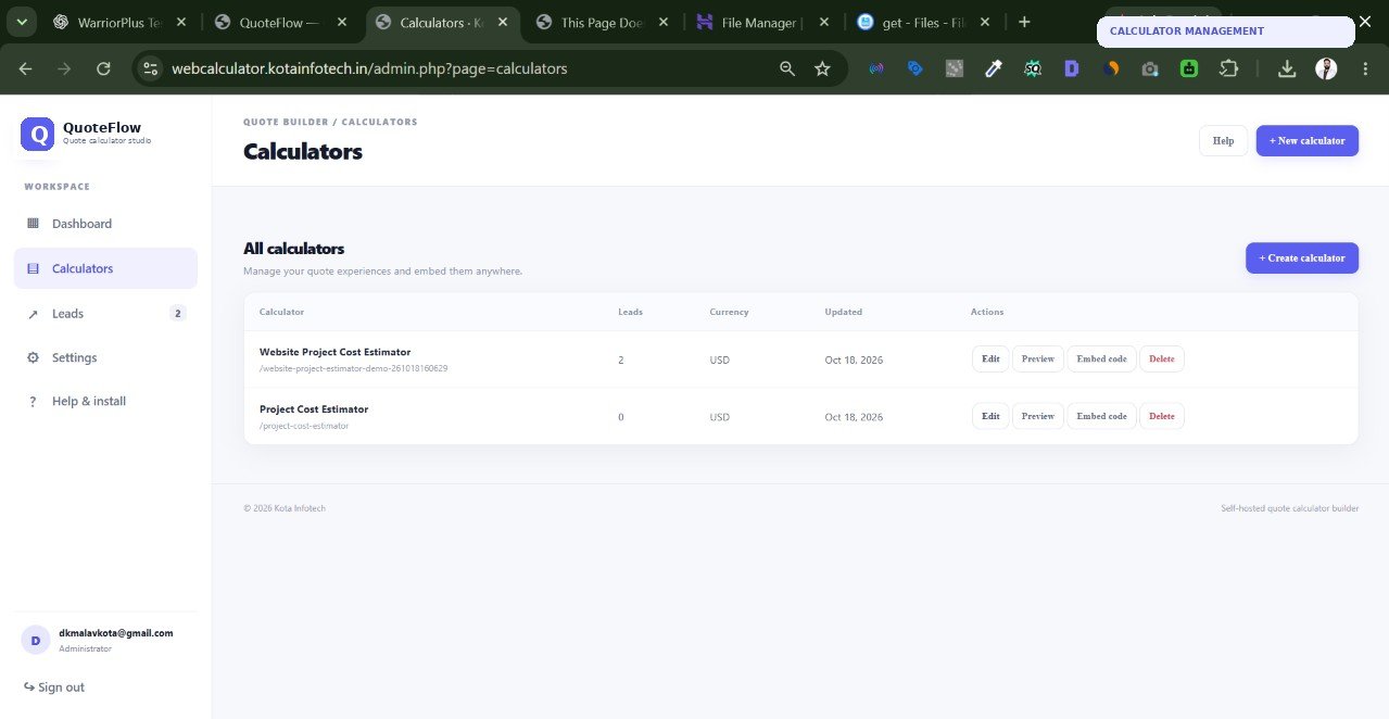 QuoteFlow calculator management screen