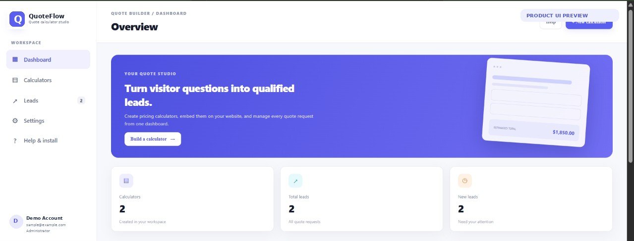 QuoteFlow dashboard screenshot showing calculator and lead overview