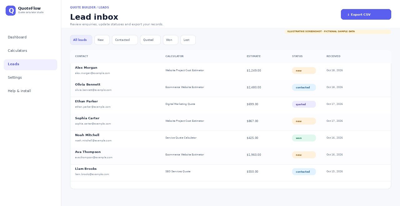 Lead inbox using clearly fictional example names and email addresses